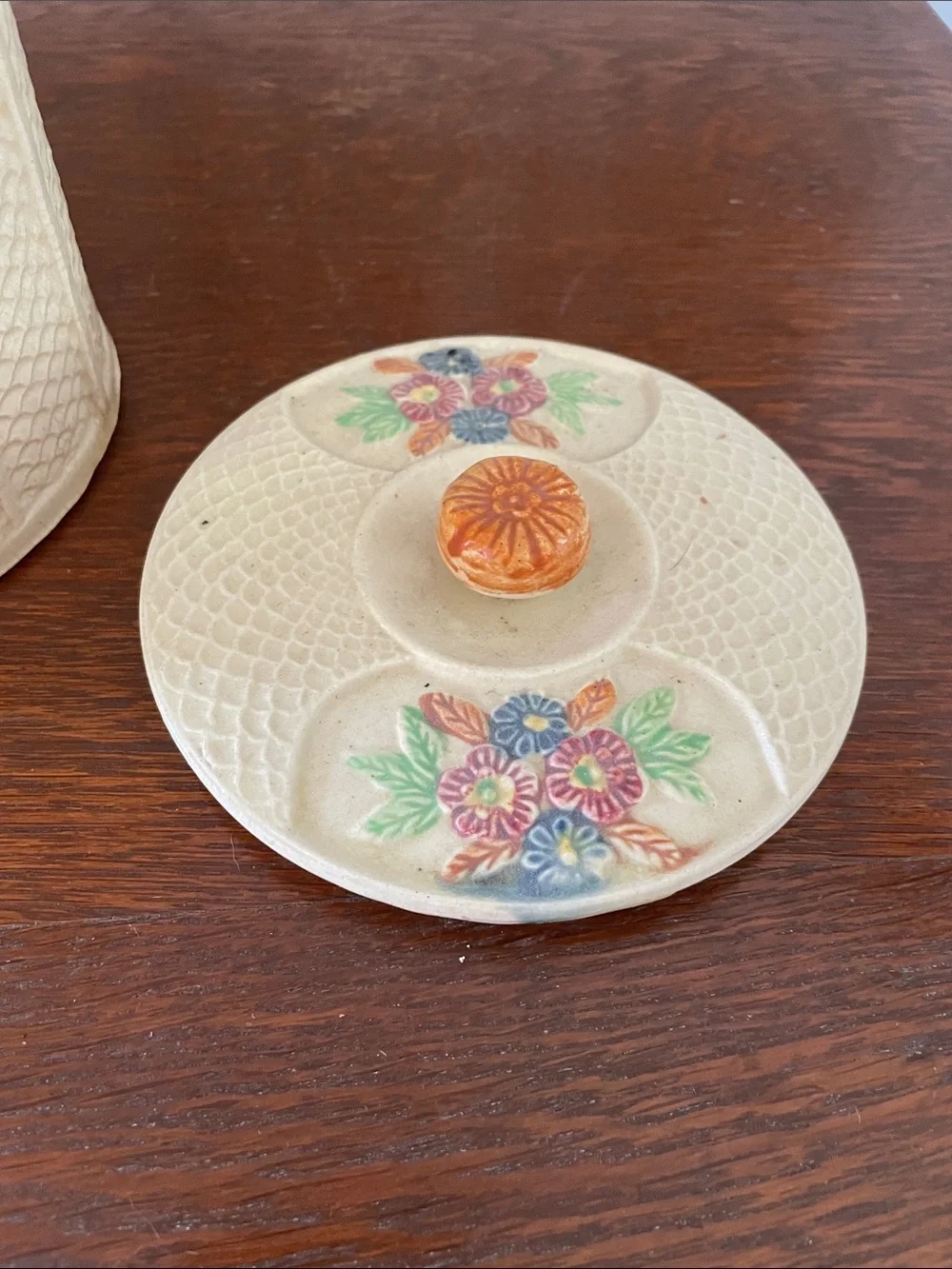 Hand-Painted Floral Ceramic Biscuit Jar with Woven Handle - Cream